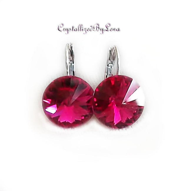 Crystal  rivoli  drop earrings,fuchsia,rhodium silver