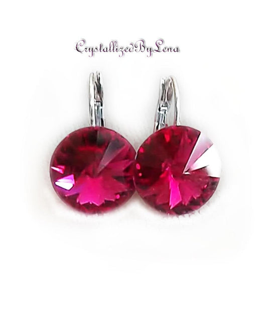 Crystal  rivoli  drop earrings,fuchsia,rhodium silver