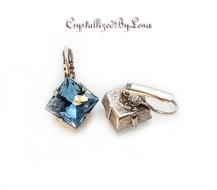 Crystal  princess  square drop earrings aquamarine,antique silver