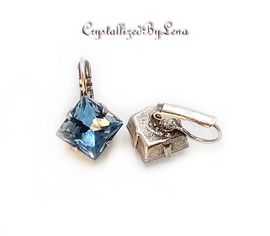 Crystal  princess  square drop earrings aquamarine,antique silver
