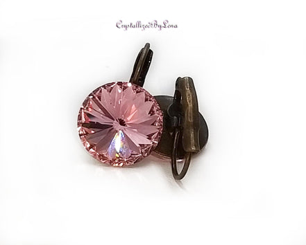 Crystal  rivoli drop earrings, light rose,antique brass