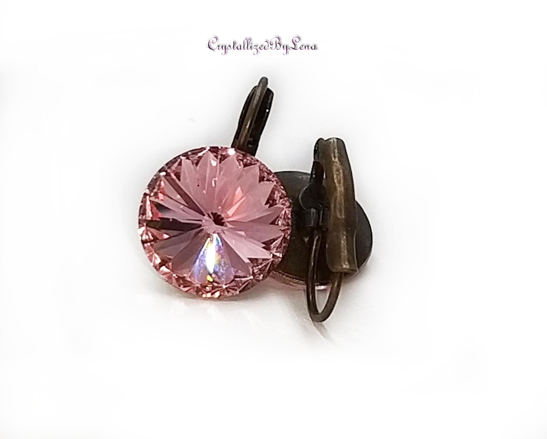 Crystal  rivoli drop earrings, light rose,antique brass