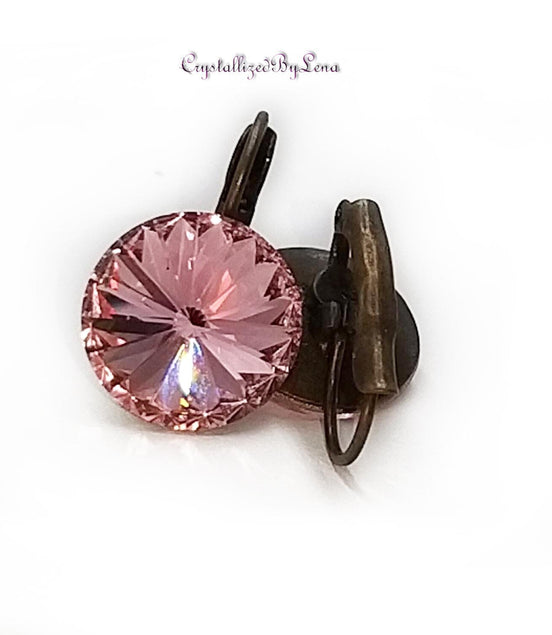 Crystal  rivoli drop earrings, light rose,antique brass