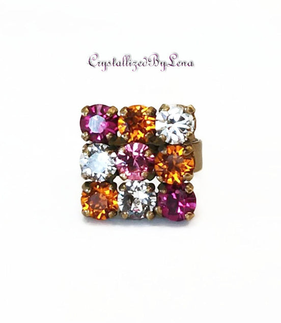 Crystal multi stonering ,multicolour,antique brass