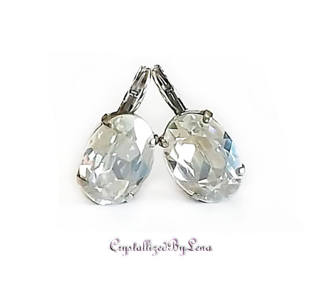 Crystal oval drop earrings,crystal moonlight,rhodium silver