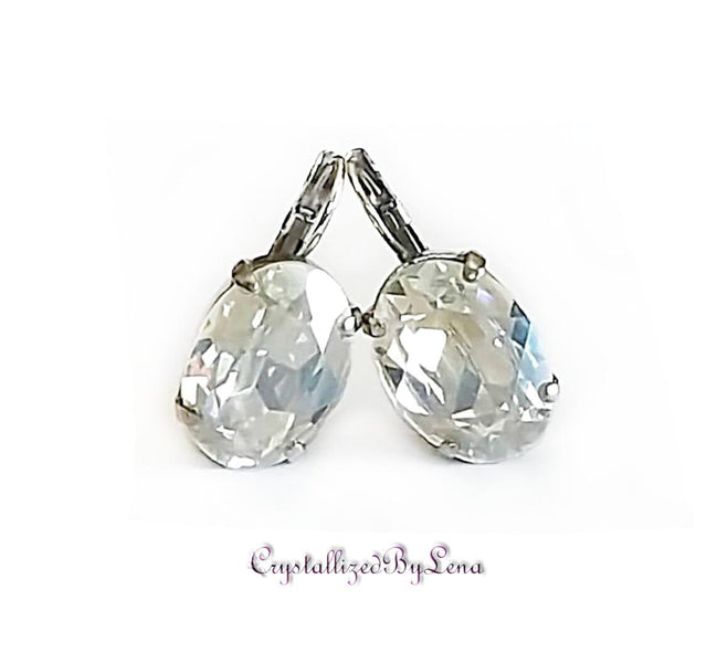 Crystal oval drop earrings,crystal moonlight,rhodium silver