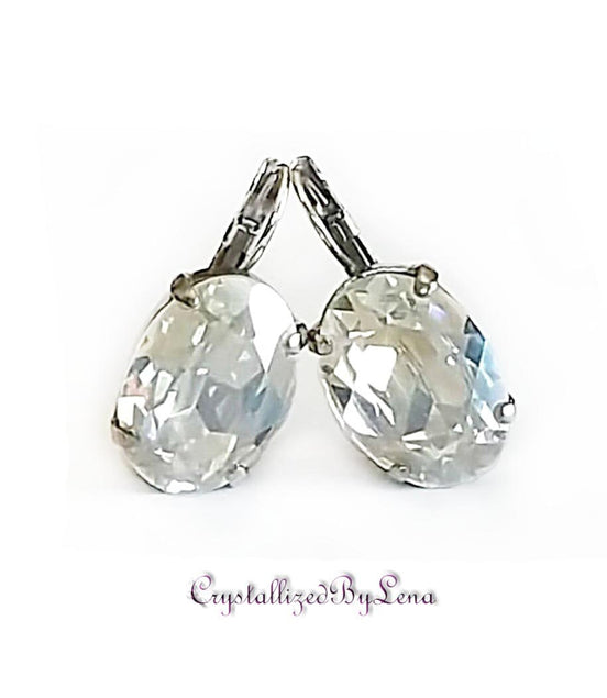 Crystal oval drop earrings,crystal moonlight,rhodium silver