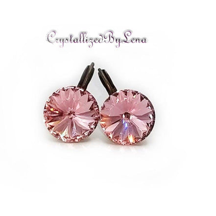 Crystal  rivoli drop earrings, light rose,antique brass