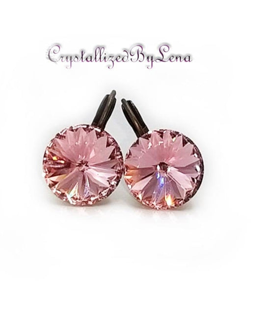 Crystal  rivoli drop earrings, light rose,antique brass