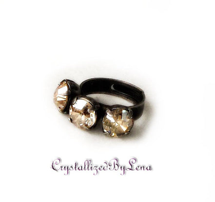 Crystal three stone ring ,golden shadow,antique silver