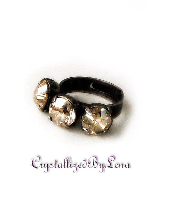 Crystal three stone ring ,golden shadow,antique silver