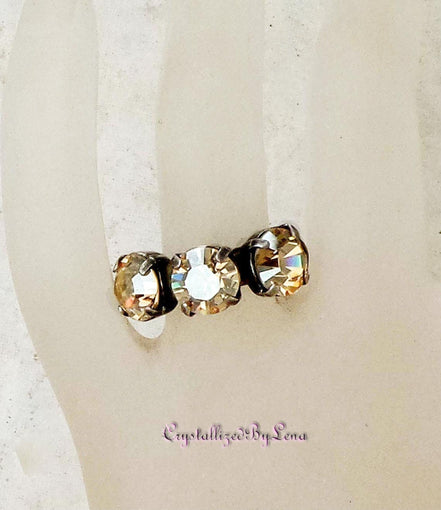 Crystal three stone ring ,golden shadow,antique silver