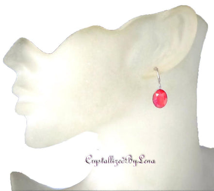 Crystal  oval drop earrings ,laquer red ,rhodium silver
