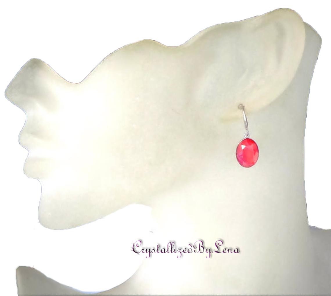 Crystal  oval drop earrings ,laquer red ,rhodium silver