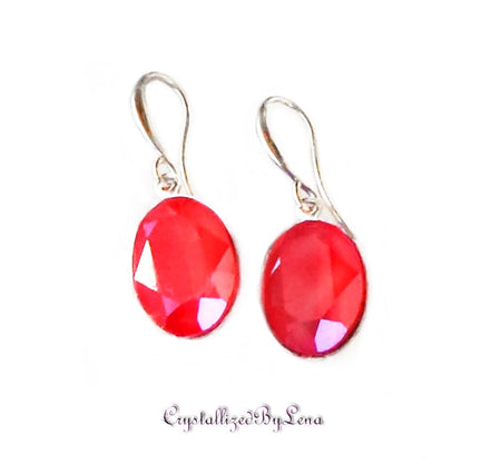 Crystal  oval drop earrings ,laquer red ,rhodium silver