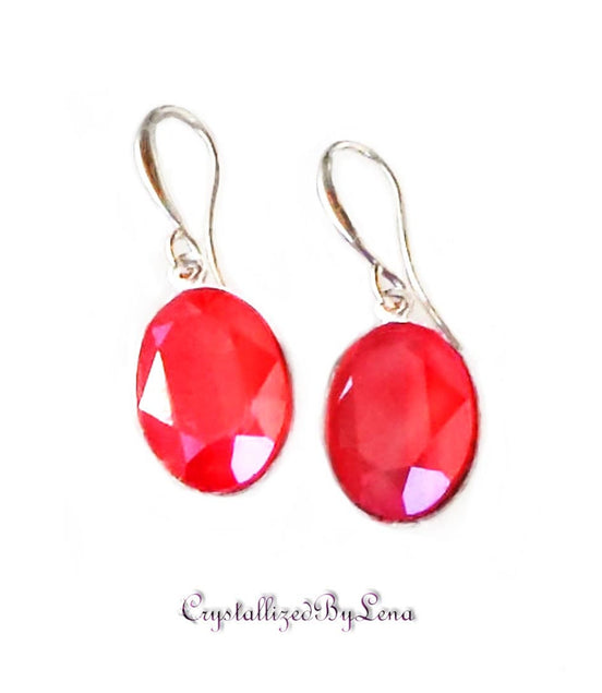 Crystal  oval drop earrings ,laquer red ,rhodium silver