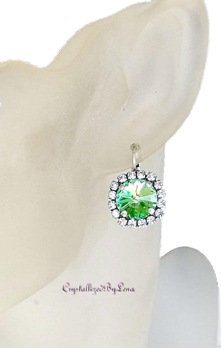Crystal halo drop earrings,peridot green,antique silver