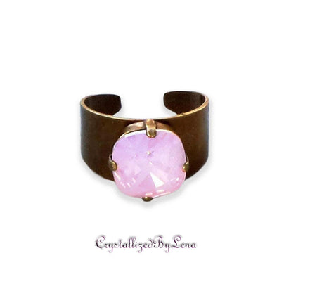 Crystal square stone ring,pink opal,antique brass
