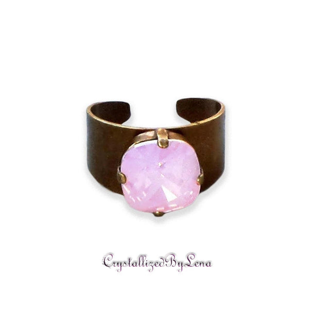 Crystal square stone ring,pink opal,antique brass