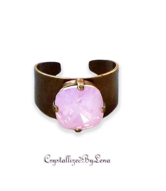 Crystal square stone ring,pink opal,antique brass