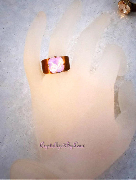 Crystal square stone ring,pink opal,antique brass