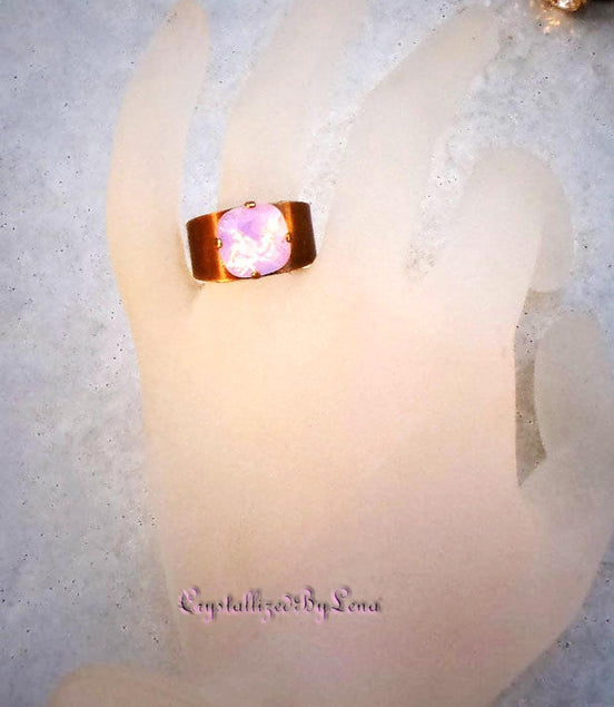 Crystal square stone ring,pink opal,antique brass