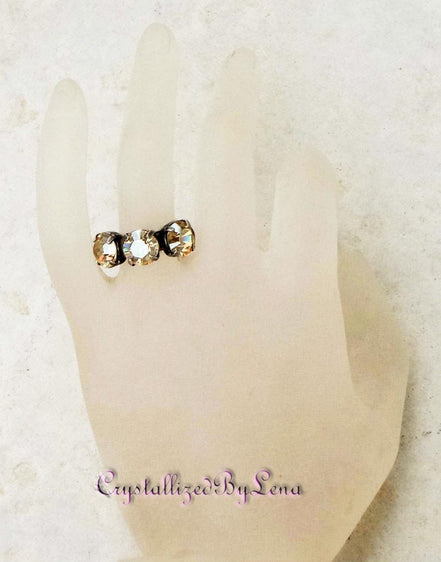 Crystal three stone ring ,golden shadow,antique silver