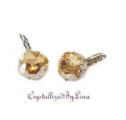Crystal square drop earrings golden shade,rhodium silver