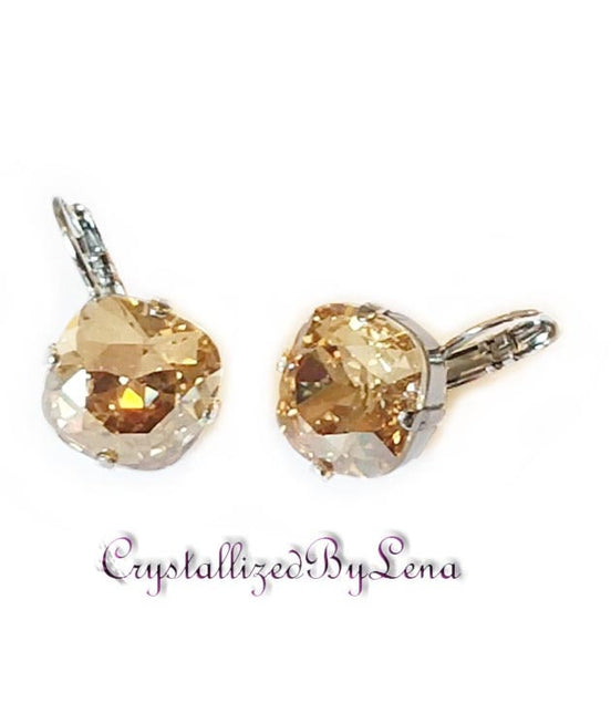 Crystal square drop earrings golden shade,rhodium silver