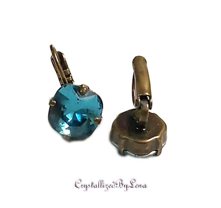 Crystal mini  square drop earrings indicolite,antique brass,
