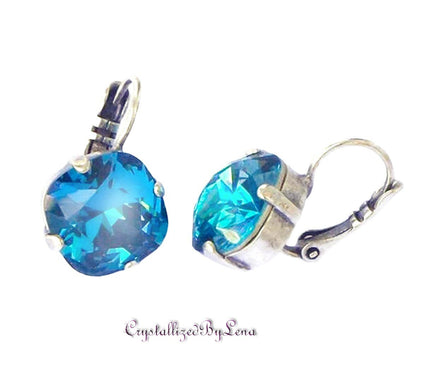 Crystal  square drop earrings indicolite blue,antique silver