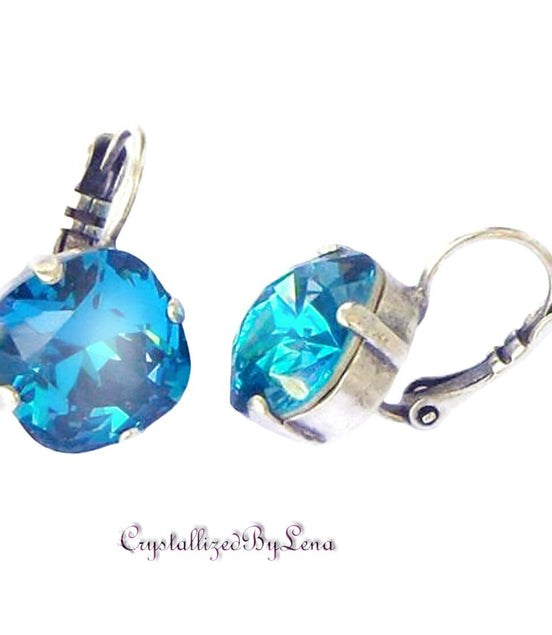 Crystal  square drop earrings indicolite blue,antique silver