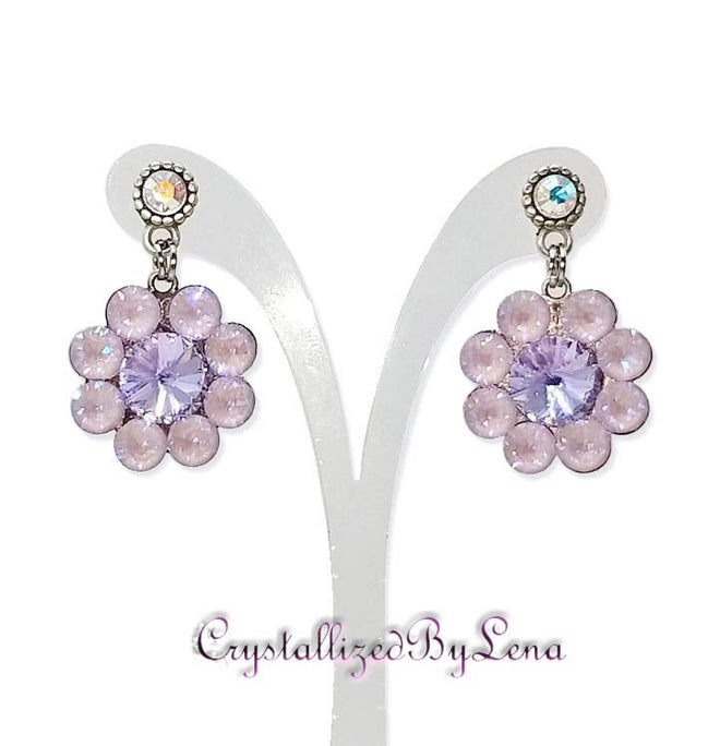 Stud and drop earrings,floral,lavender,antique silver