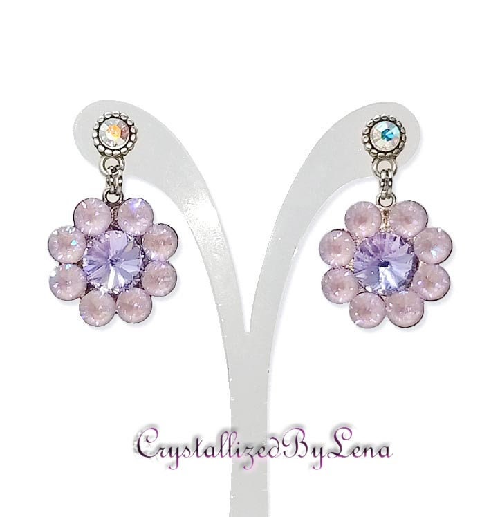 Stud and drop earrings,floral,lavender,antique silver