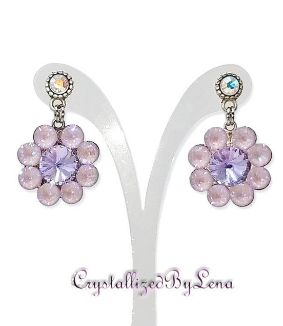 Stud and drop earrings,floral,lavender,antique silver