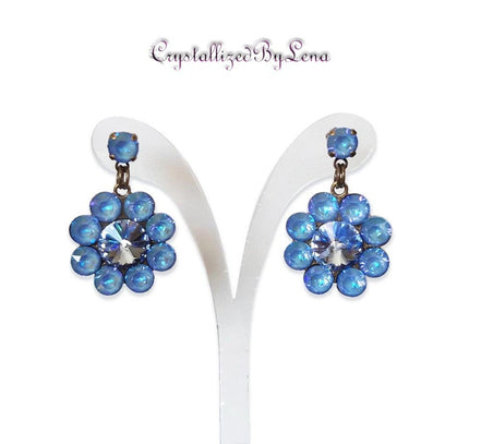 Stud and drop earrings,floral,ocean blue ,antique brass