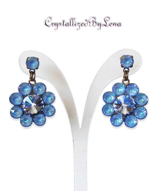 Stud and drop earrings,floral,ocean blue ,antique brass