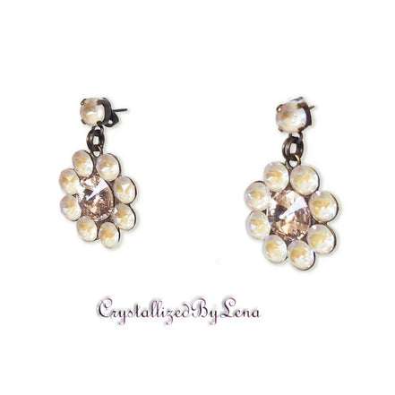 Stud and drop earrings,floral,ivory cream ,antique brass