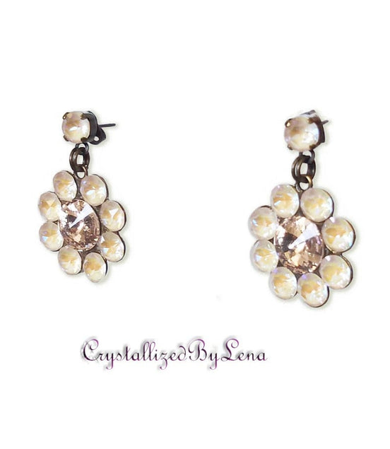 Stud and drop earrings,floral,ivory cream ,antique brass