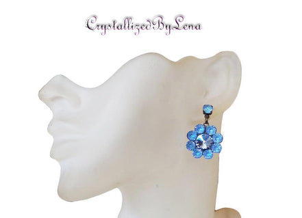 Stud and drop earrings,floral,ocean blue ,antique brass