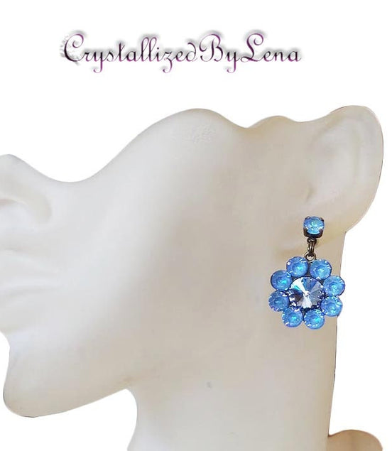 Stud and drop earrings,floral,ocean blue ,antique brass