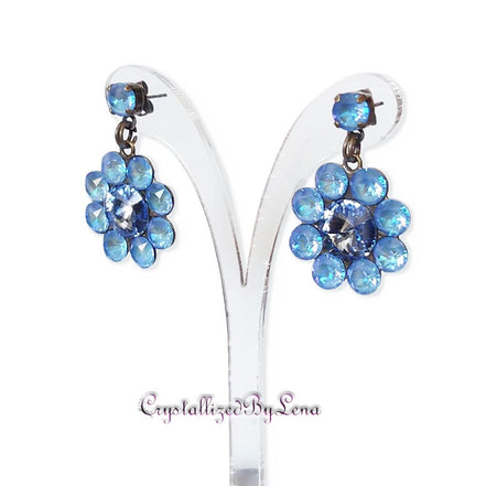 Stud and drop earrings,floral,ocean blue ,antique brass