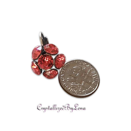 Crystal drop,bright red ,earrings,rhodium silver