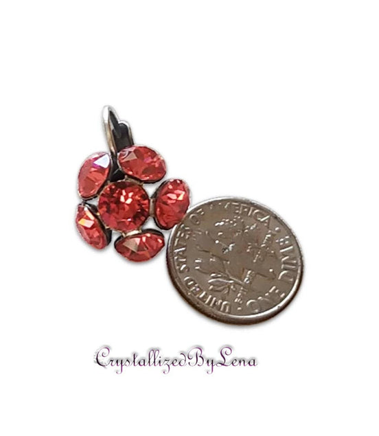 Crystal drop,bright red ,earrings,rhodium silver