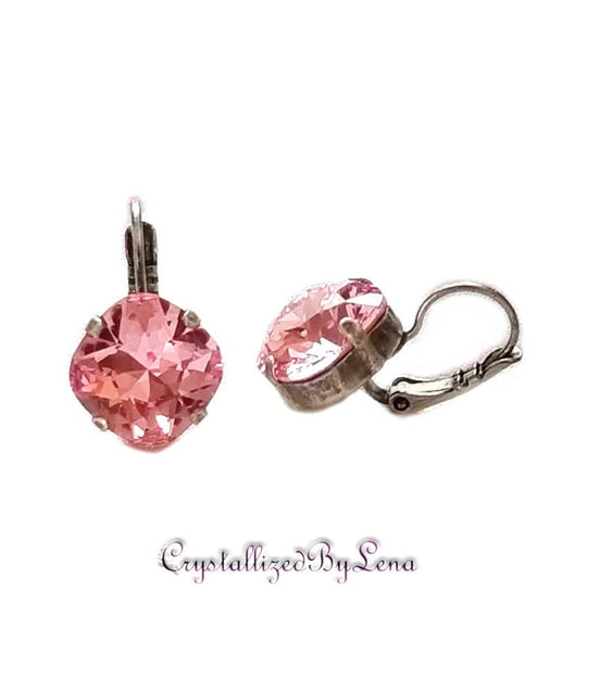 Crystal  square drop earrings light rose,antique silver