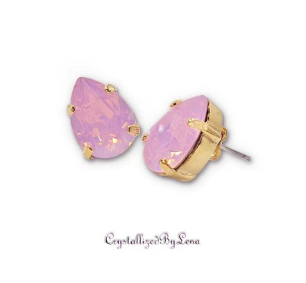 Crystal pear stud earrings Rose opal,yellow gold