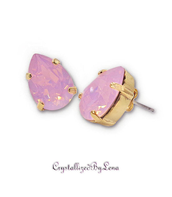 Crystal pear stud earrings Rose opal,yellow gold
