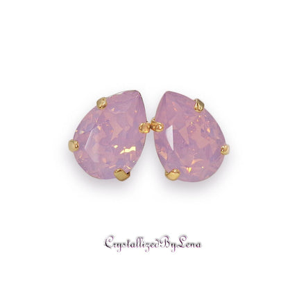 Crystal pear stud earrings Rose opal,yellow gold