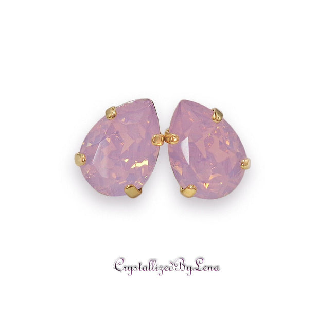 Crystal pear stud earrings Rose opal,yellow gold