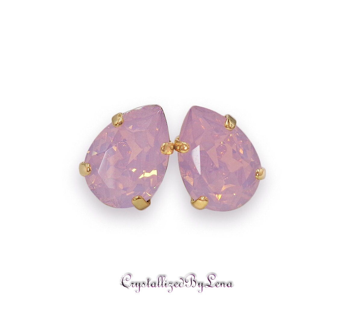 Crystal pear stud earrings Rose opal,yellow gold